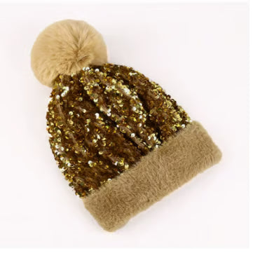 Sequin Fur Pom Beanie
