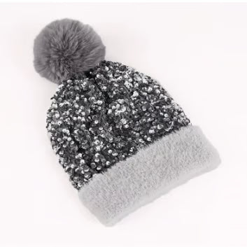 Sequin Fur Pom Beanie