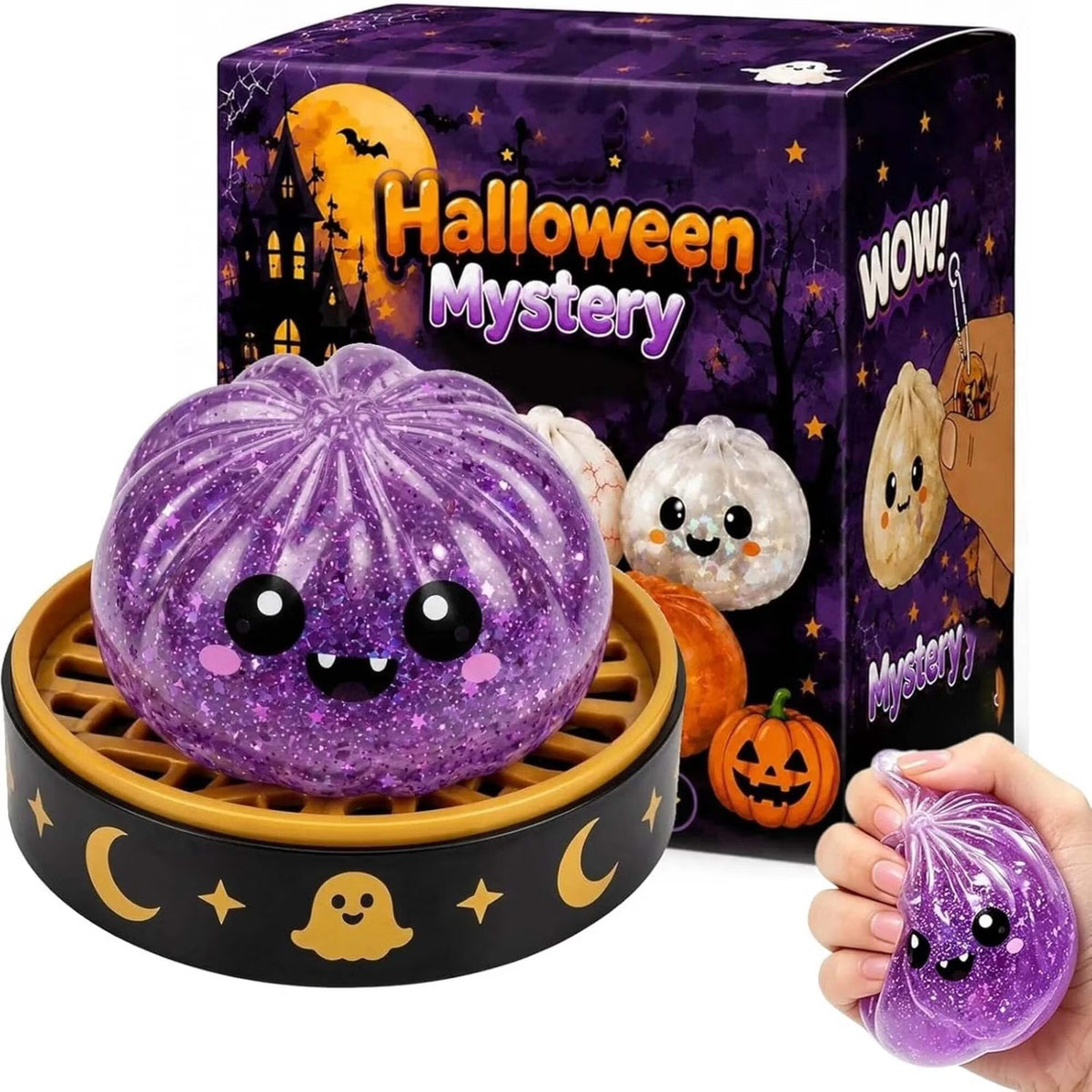 Halloween Mystery Glitter Dumpling Squishy Box Set, Ghost Pumpkin Eyeball Design, Soft Stress Relief Fidget Toy, Party Favor Gift for Boys/Girls