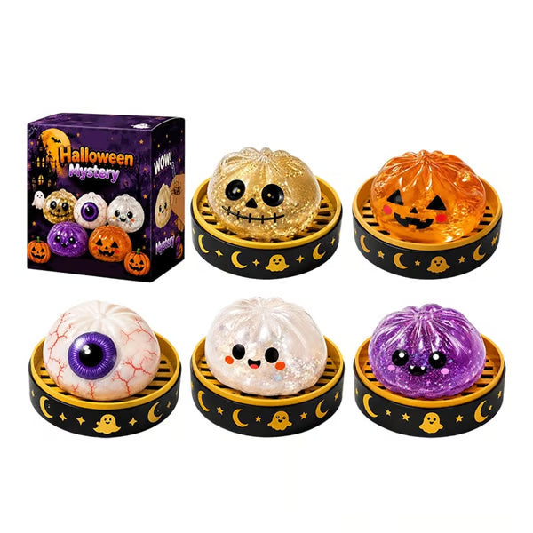 Halloween Mystery Glitter Dumpling Squishy Box Set, Ghost Pumpkin Eyeball Design, Soft Stress Relief Fidget Toy, Party Favor Gift for Boys/Girls
