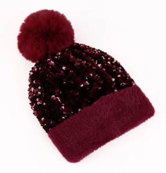 Sequin Fur Pom Beanie
