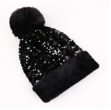 Sequin Fur Pom Beanie