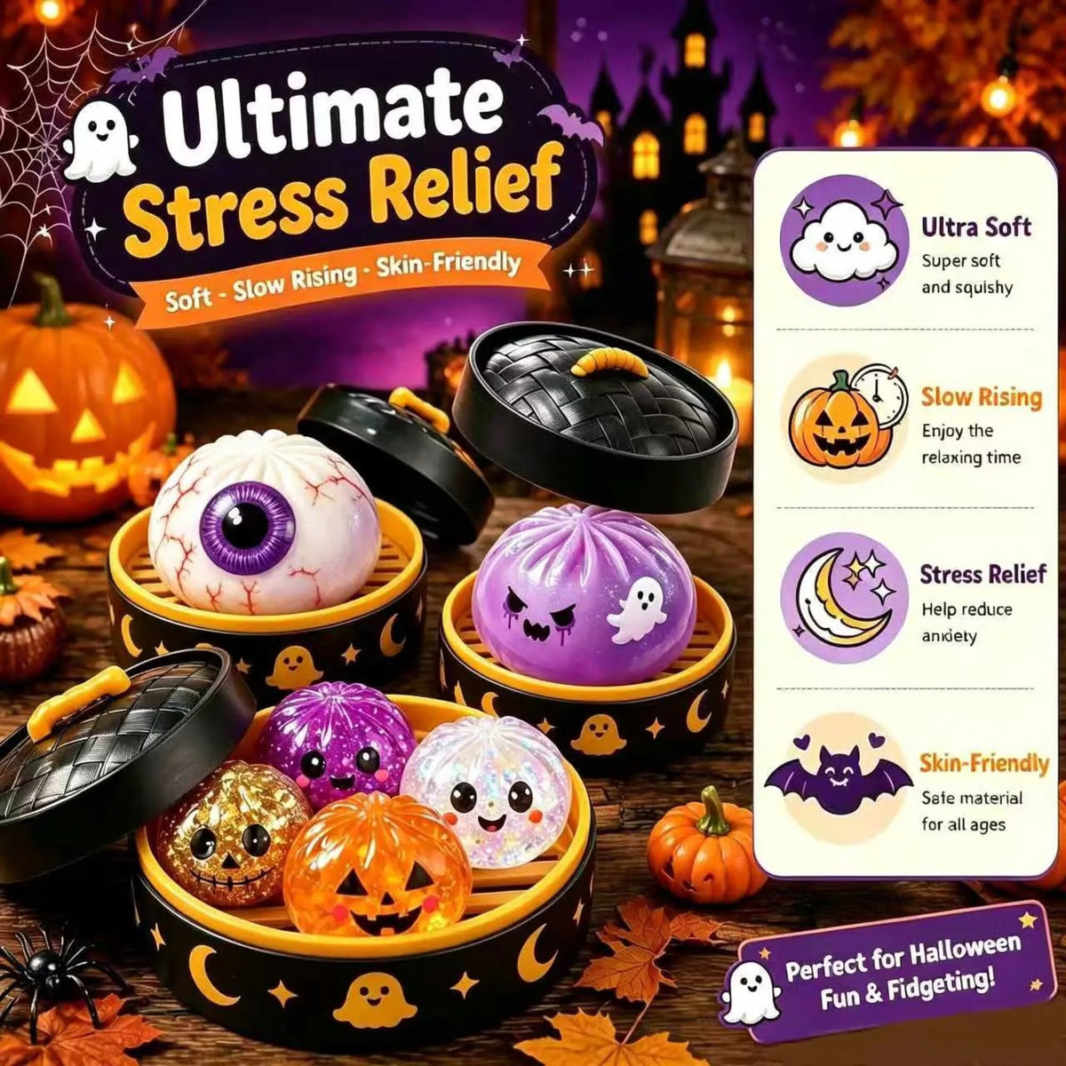 Halloween Mystery Glitter Dumpling Squishy Box Set, Ghost Pumpkin Eyeball Design, Soft Stress Relief Fidget Toy, Party Favor Gift for Boys/Girls