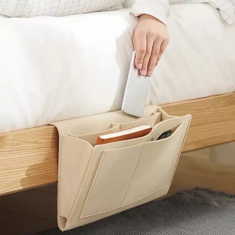 Bedside Caddy, 5 Pockets Felt Bedside Storage Organizer, Hanging Storage Organizer for Home Bedroom Living Room College Dorm Bed Water Bottles, Magazines, Phone, Glasses (Beige)