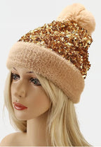 Sequin Fur Pom Beanie