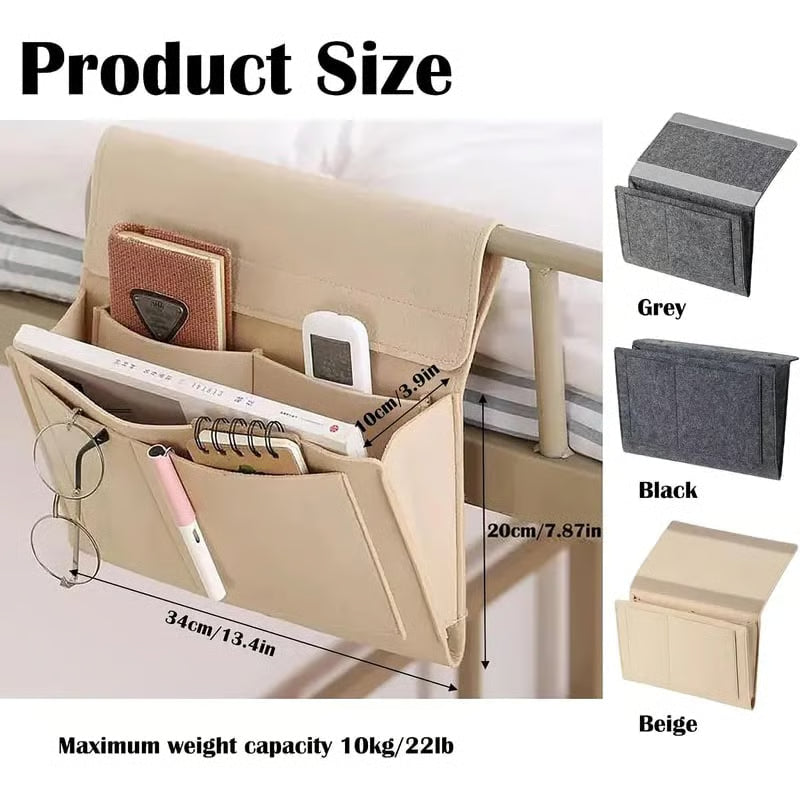 Bedside Caddy, 5 Pockets Felt Bedside Storage Organizer, Hanging Storage Organizer for Home Bedroom Living Room College Dorm Bed Water Bottles, Magazines, Phone, Glasses (Beige)