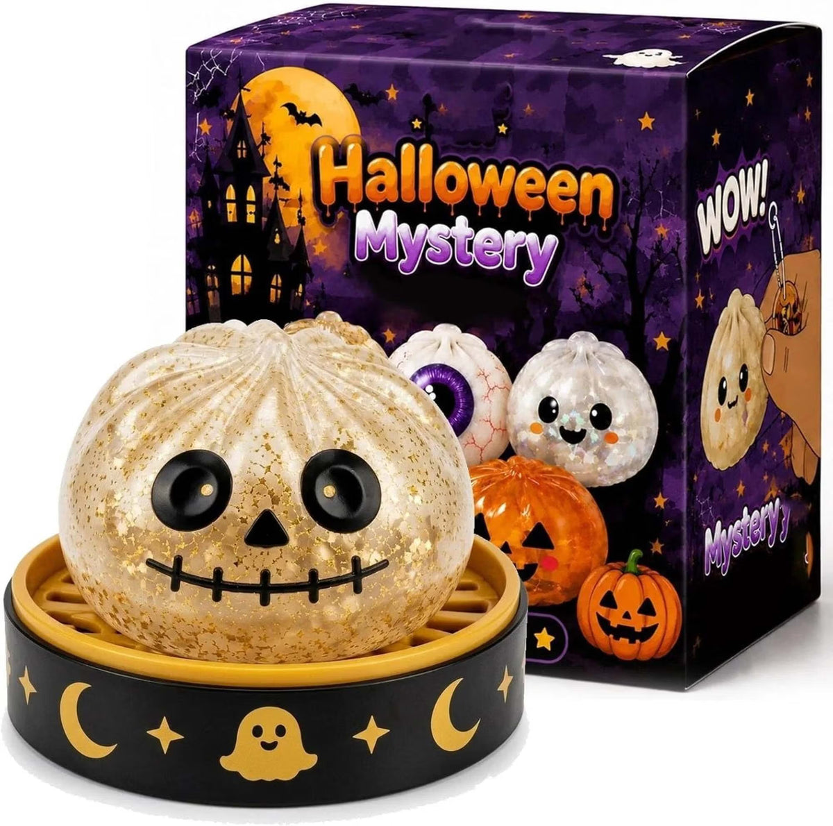 Halloween Mystery Glitter Dumpling Squishy Box Set, Ghost Pumpkin Eyeball Design, Soft Stress Relief Fidget Toy, Party Favor Gift for Boys/Girls